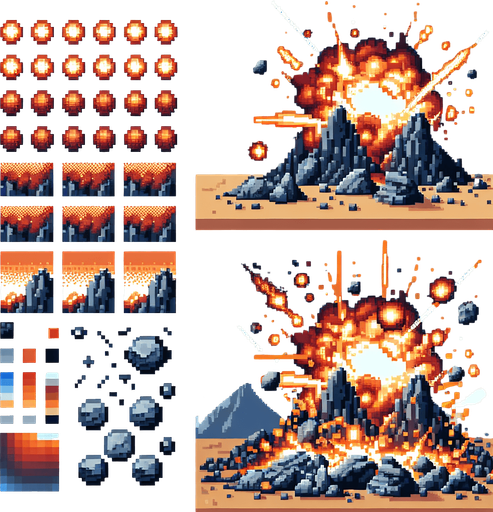 pixel art of a rocky explosion..
Single Game Texture. In-Game asset. 2d. Blank background. High contrast. No shadows.