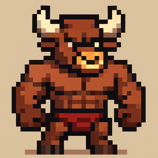 Toro furry fuerte sin camisa pixelado.
In-Game asset.  2d.  High contrast.  No shadows