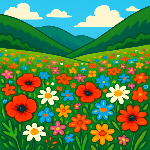 image 2d classic full warna tentang hamparan bunga bunga liar disuatu lembah.
In-Game asset.  2d.  High contrast.  No shadows