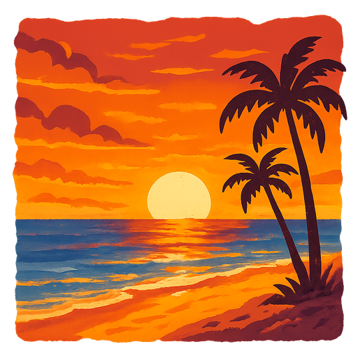 A sunset on a beach for a background.
Single Game Texture.  In-Game asset.  2d.  Blank background.  High contrast.  No shadows