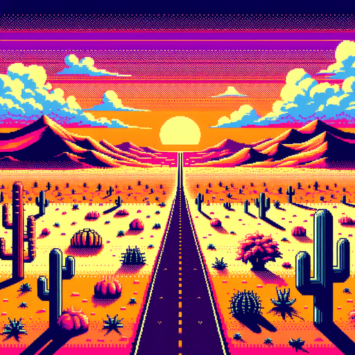 desert landscape with a straigth road centered..
video game style