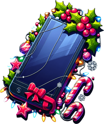 a smartphone, christmas style Single Game Texture. In-Game asset. 2d. Blank background. High contrast. No shadows.