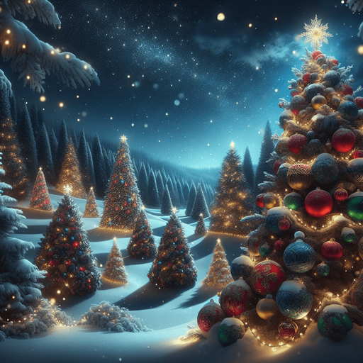 a feeric christmas landscape at night with decorated trees Background image