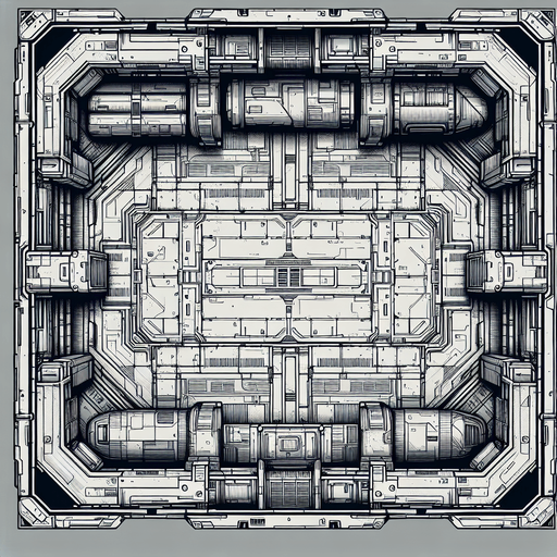 Create the top down view of what it would look to be inside of a very dark space ship's empty cargo bay..
Single Game Texture. In-Game asset. 2d. Blank background. High contrast. No shadows.