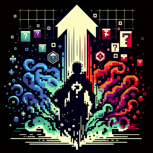 A silhouette of the hero glitching or flickering between different colors or slightly different forms. Could also be an upward arrow surrounded by swirling question marks or dice symbols..
Single Game Texture.  In-Game asset.  2d.  Blank background.  High contrast.  No shadows
