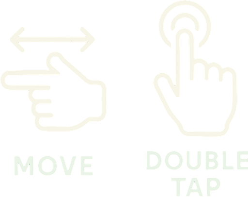 white stroked help illustration indicating move (hand + arrows) and one indicating double tap (hand + circles)