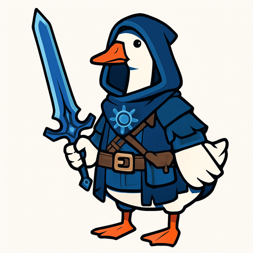 An Emden Goose in Blue Sun Treasure Hoarder Outfit with Blue Sun Long Sword.
In-Game asset.  2d.  High contrast.  No shadows