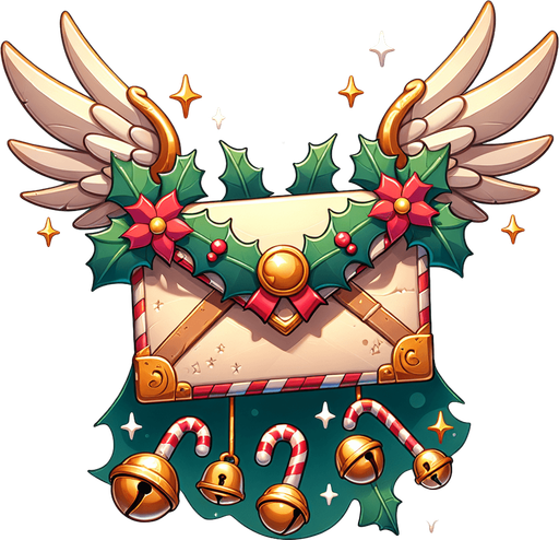 flying envelope with wings, christmas style, cartoon Single Game Texture. In-Game asset. 2d. Blank background. High contrast. No shadows.