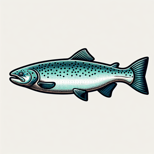 A swimming salmon.
Single Game Texture. In-Game asset. 2d. Blank background. High contrast. No shadows.