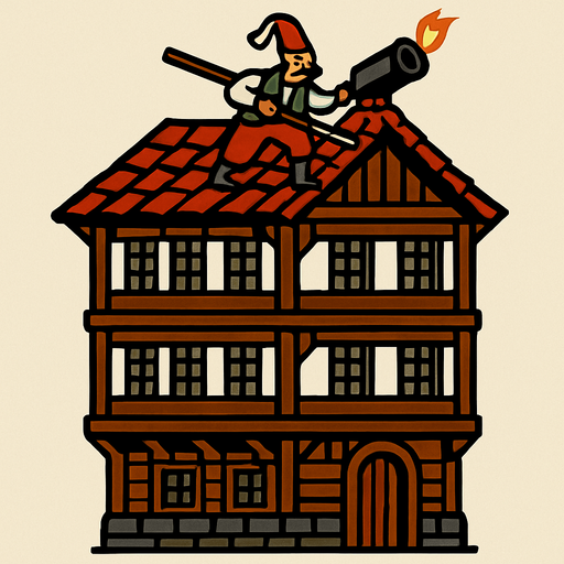 tripleks bir osmanlı evi çiz. Çatısında top mermisi ateşlemek üzere olan bir yeniçeri askeri olsun.
In-Game asset.  2d.  High contrast.  No shadows