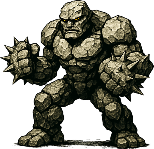un golem de piedra listo para pelear con puños con puas ultra realista.
In-Game asset.  2d.  High contrast.  No shadows