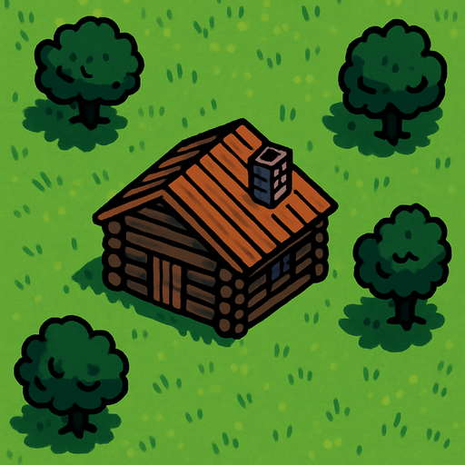 a top view of a grass field with a cabin and some trees.
In-Game asset.  2d.  High contrast.  No shadows