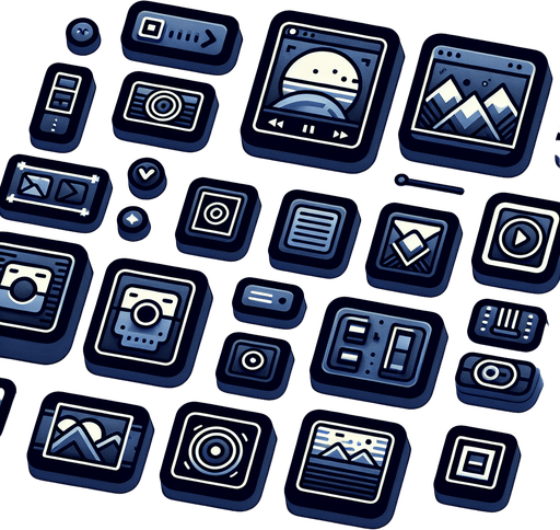 Collection of high definition modern rounded squares buttons.
icons : image, frame, ...
Simple backgrounds. 
Few dark-blue colours .