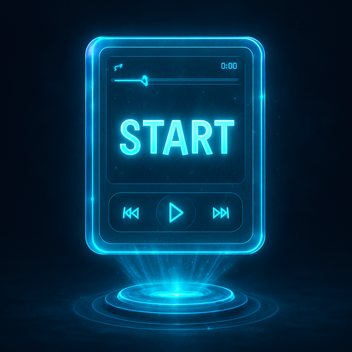 Start button in the shape of a protorealistic holographic futuristc music player.
Front view.
