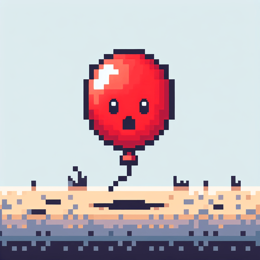 cute red balloon. looking up. feeling scared. Single Game Texture. In-Game asset. 2d. Blank background. High contrast. No shadows. pixel. 8 bit
