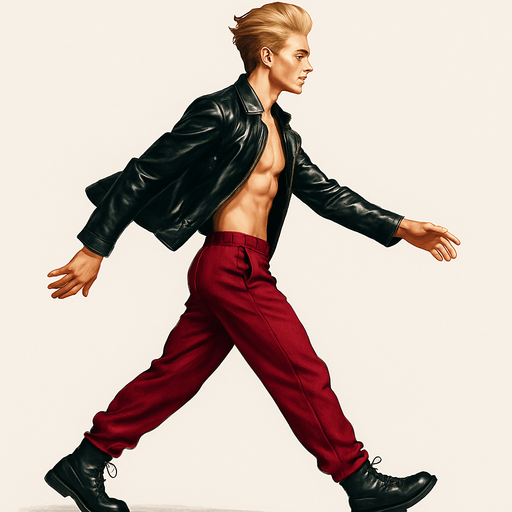 Black leather combat boots, wine red joggers, Swishy graceful man Cyberpunk manga, arm extended, side profile view walking animation, shiny black leather biker jacket longsleeves shirtless Skinny abs blonde pompadour guy, action shot wine red joggers combat boots, Background removed, "Full-body character, entirely in frame, no cropping of face, head, or feet" "Complete character visible, from head to toe, fully centered in the image" "Entire character, including face and boots, fully within the frame" Character fully contained within a square frame, no edges cut off fashion model walking pose Style of vogue magazine