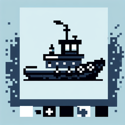 8-bit silhouette of tugboat.
Single Game Texture. In-Game asset. 2d. Blank background. High contrast. No shadows.