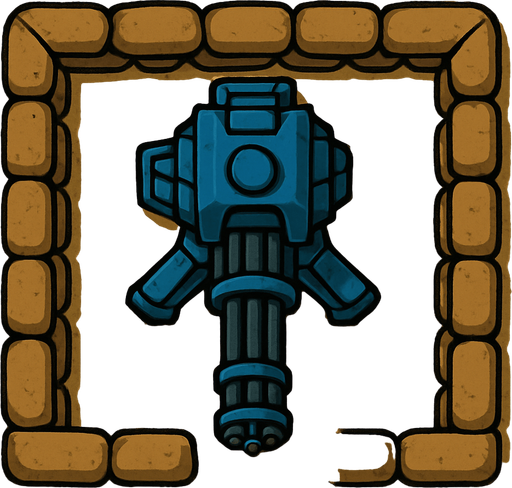 Top view of an blue defense Military tower large Minigun Machinegun in the desert, the image has a square border outlined by military defense Brown sandbags.
In-Game asset.  2d.  High contrast.  No shadows