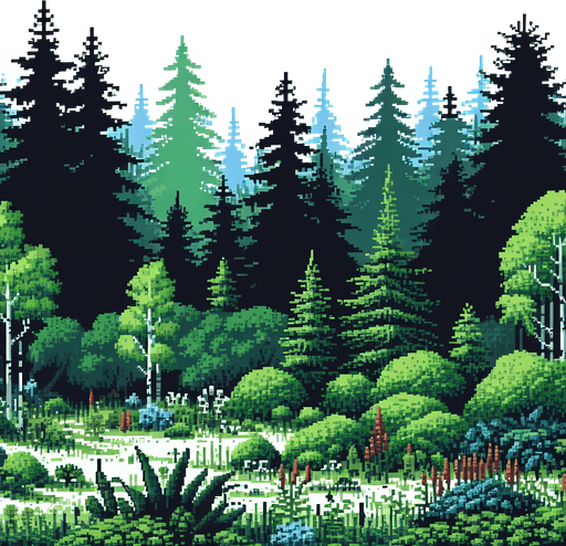 pixelart of forest background.
White background, high contrast, shadowless.