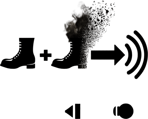 A boot icon dissolving into smoke or shadow at the heel. Sound wave symbol with a line striking through it, indicating silence..
Single Game Texture.  In-Game asset.  2d.  Blank background.  High contrast.  No shadows