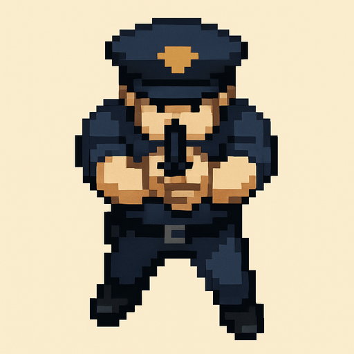 Draw a Cop in Have Gun Usin 2 hand of gun 2D Pixel Art Style and Do It from an Above Perspective.
In-Game asset.  2d.  High contrast.  No shadows