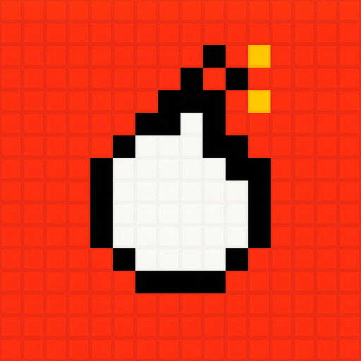 una bomba redonda, color blanco con bordes de color negro, es pixeleada de 16x16 (la imagen tiene fondo rojo).
In-Game asset.  2d.  High contrast.  No shadows