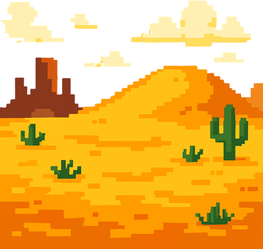 Make a 2D image of a pixelated desert.
In-Game asset.  2d.  High contrast.  No shadows