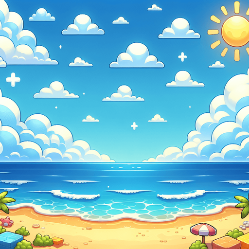 "A bright, cartoon-style beachside sky with soft white clouds, a clear blue ocean, and a sandy shore in the background. The colors should be vibrant and cheerful, with a summer vibe.".
Single Game Texture.  In-Game asset.  2d.  Blank background.  High contrast.  No shadows
