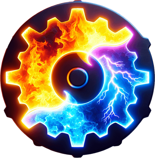 Elemental Gear Icon:
A gear made of multiple materials (fire, ice, lightning, and shadow) fused together, symbolizing crafting hybrid powers..
Colors: Vibrant orange, blue, yellow, and dark purple.