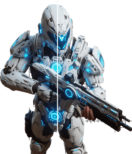 View of a futuristic soldier from directly overhead. White armor with blue glowing cyberpunk details. Holding weapon forward..
Single Game Texture. In-Game asset. 2d. Blank background. High contrast. No shadows.
