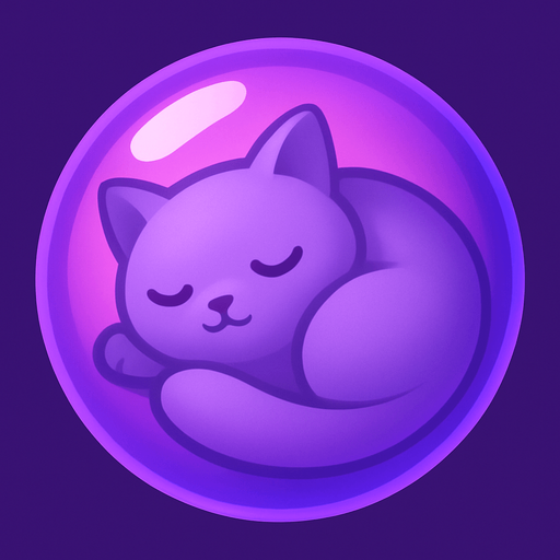 A purple bubble featuring a sleepy cat curled up inside, soft and dreamy, stylized for mobile game.
In-Game asset.  2d.  High contrast.  No shadows