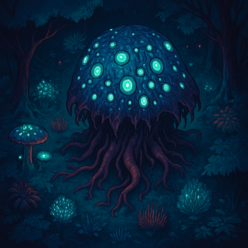 Top down isometric Cyberpunk forest, anime Akira-nausicaa inspired, background scene, large sci-fi horror bioluminescent glowing alien flora