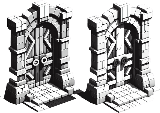 Two doorways.
Single Game Texture.  In-Game asset.  2d.  Blank background.  High contrast.  No shadows