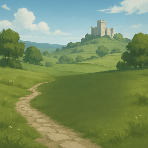 Gerçek hayata yakın bir menü arka planı istiyorum. Yeşil doğa, çimenlikler ve taş yollar olsun. Uzakta bir kale ya da yapı görünsün. Gökyüzü mavi ve açık olsun, hava gündüz gibi. Renkler doğal tonlarda olsun, altın veya süslü detaylar olmasın. Arka plan sade ve huzurlu bir ortam sunsun, ortası menü için boş ve hafif koyu olabilir..
In-Game asset.  2d.  High contrast.  No shadows