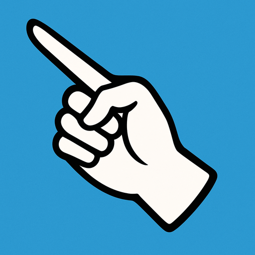black outline. The back of a hand with a pointing finger pointing to the top-left. Black and white only. Blue background..
In-Game asset.  2d.  High contrast.  No shadows