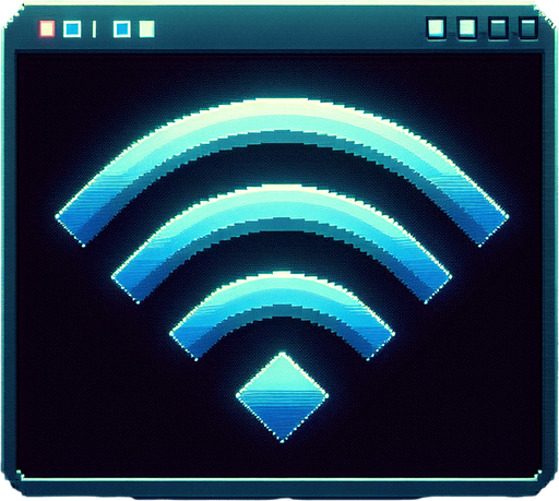 A minimalist UI website icon for a retro hacking app, representing a WiFi connection. The icon features a simple pixel-art style signal symbol with three curved bars radiating outward in blue, evoking a classic WiFi logo. The bars are cleanly rendered with subtle gradients for depth, while a soft neon blue glow surrounds the design to emphasize the cyberpunk aesthetic. The background is dark and minimal, with a faint grid pattern barely visible, aligning with the retro-futuristic theme. The overall design is clean, functional, and perfectly suited for a retro hacking interface.
Single Game Texture. In-Game asset. 2d. Blank background. High contrast. No shadows.