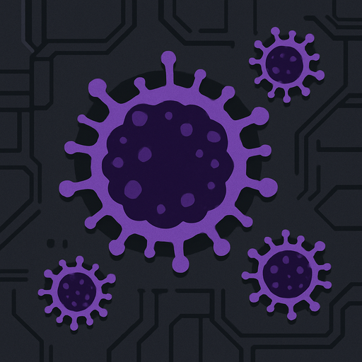 topdown view, small compact digital virus, dark purple core, clustered cell-like form, tiny spiky details, designed to appear in groups, minimal yet recognizable, fits motherboard environment.
In-Game asset.  2d.  High contrast.  No shadows