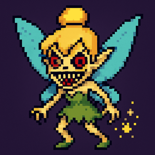 scary cute little fairy tinker bell 2d pixel art.
In-Game asset.  2d.  High contrast.  No shadows