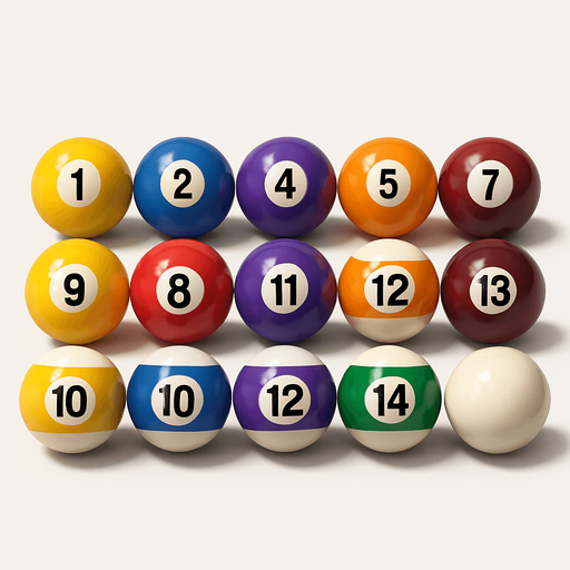 16 ball of billiard, 3D colors, 3d texture, HD colors.
In-Game asset.  High contrast.  No shadows. 3D