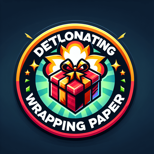 Icon for a explosive present, on a circle, with the text „detonating wrapping paper“ at top, cartoon Single Game Texture. In-Game asset. 2d. Blank background. High contrast. No shadows.