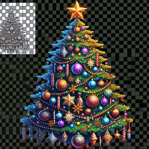 christmas tree.
Single Game Texture. In-Game asset. 2d. Blank background. High contrast. No shadows.