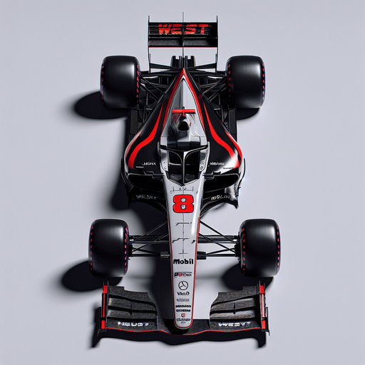 Mercedes-Benz MP4-13 F1 race car from 1999. TOP VIEW. 
BLACK & WHITE BODY. sIÉVER LIVERY Shiny-red arcs on both sides. Red 8 on nose 
Sponsor: "West" on rear wing. "Mobil1" on front wing..
Single Game Texture. In-Game asset. 2d. Blank background. High contrast. No shadows.