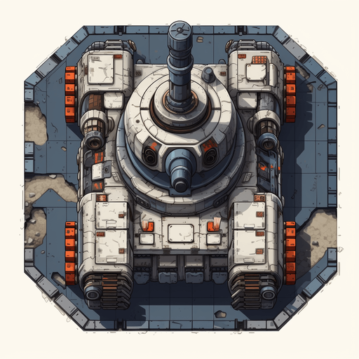 Tank seen from the top
Single Game Texture. In-Game asset. 2d. Pixelart. White background. Blank background. Low detail. High contrast.