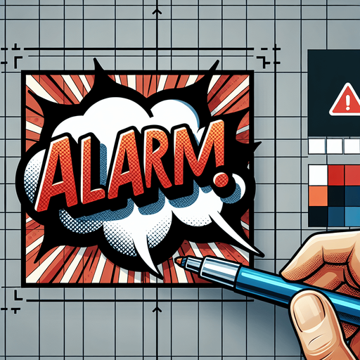 "ALARM" text bubble, comic style.
Single Game Texture. In-Game asset. 2d. Blank background. High contrast. No shadows.