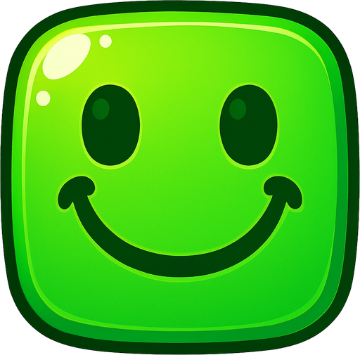 Can you draw a smiling face with rounded edges, green and shiny effect?.
In-Game asset.  2d.  High contrast.  No shadows