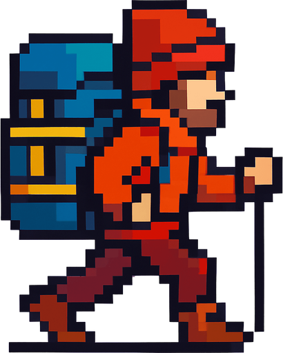 Personaje que sea un alpinista pixelado con una gran mochila que este en movimiento caminando 
In-Game asset.  2d.  High contrast.  No shadows