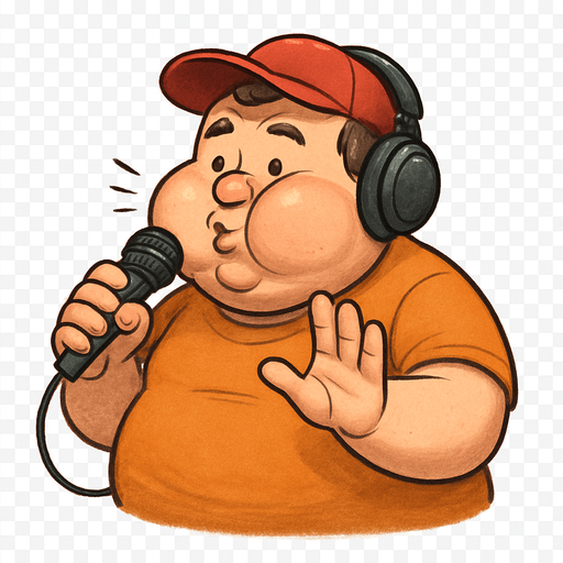 Orta yaşlı  beatbox karakter, şişman ve komik, ayrica sevimli, ayakları gözükmesinn, sadece beline kadar gözüksün, yanakları şişmiş: beatbox yapıyor görünmeli. arka planı transparan olsun