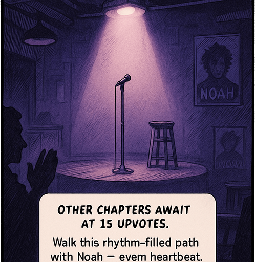 A vertical cinematic scene in a semi-realistic comic style with white photo-like borders. In the center, a spotlight shines down on a small empty stage inside a dimly lit club, hinting at anticipation. The atmosphere is emotional and moody, using purples and blues. A soft glow surrounds the narrator box in the center, which reads: “Other chapters await at 15 Upvotes. Walk this rhythm-filled path with Noah — every heartbeat, every tap, every vote counts.” The narrator box is rectangular with rounded edges, resembling a classic comic caption box. Background elements suggest quiet support — maybe a shadowy figure clapping, or faint posters of Noah. No characters shown clearly, just a stage awaiting the next act..
In-Game asset.  2d.  High contrast.  No shadows