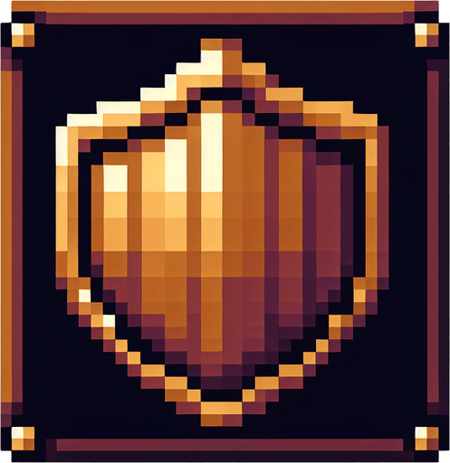 Square flat shield made of bronze pixelart rectangular.
Single Game Texture. In-Game asset. 2d. Blank background. High contrast. No shadows.