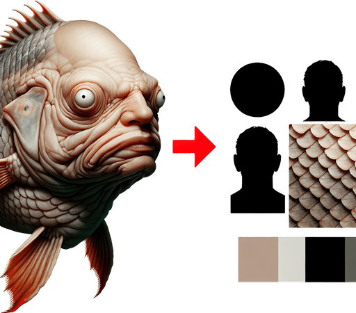 A fish with an Human male weird head in color in a realistic style.
Single Game Texture. In-Game asset. 2d. Blank background. High contrast. No shadows.
